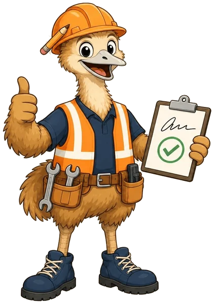 The ZimQi emu giving a thumbs-up and holding a clipboard with a green tick.