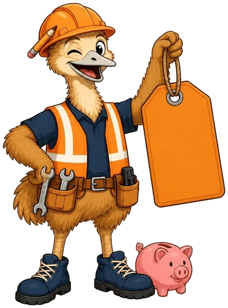 The ZimQi emu winking and holding up a big blank orange price tag, with a piggy bank at his boots.
