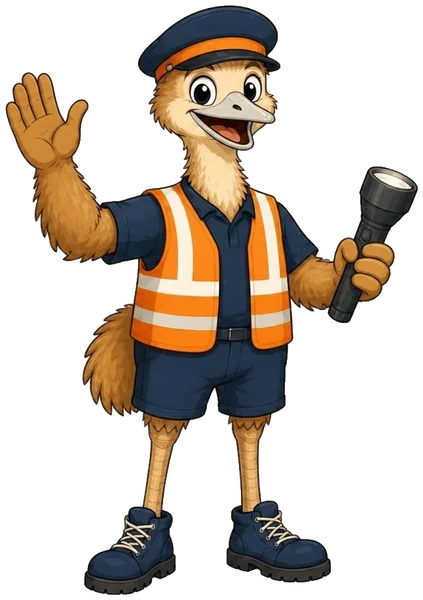 The ZimQi emu as a security guard in a navy cap, navy shirt and shorts with an orange hi-vis vest, waving and holding a torch.
