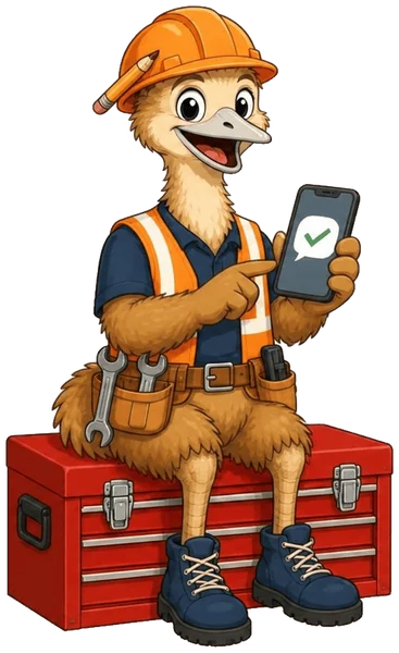 The ZimQi emu sitting on a toolbox, tapping a chat on his phone that shows a green tick.