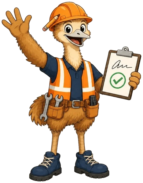 The ZimQi emu waving hello, holding a clipboard with a green tick.