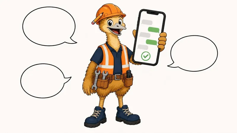 The ZimQi emu holding up a phone showing a chat with a green tick, checking in for the day.