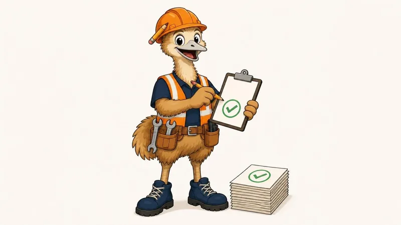 The ZimQi emu signing a timesheet on a clipboard with his pencil, next to a neat stack of approved papers.