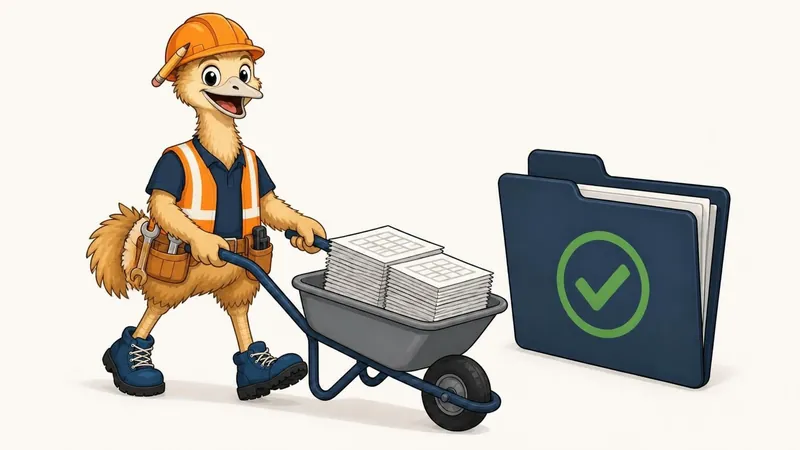 The ZimQi emu cheerfully pushing a wheelbarrow full of timesheets towards a big navy folder with a green tick.