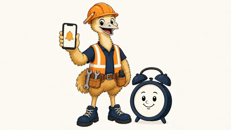The ZimQi emu standing next to a smiling alarm clock, holding up a phone with a bell notification.