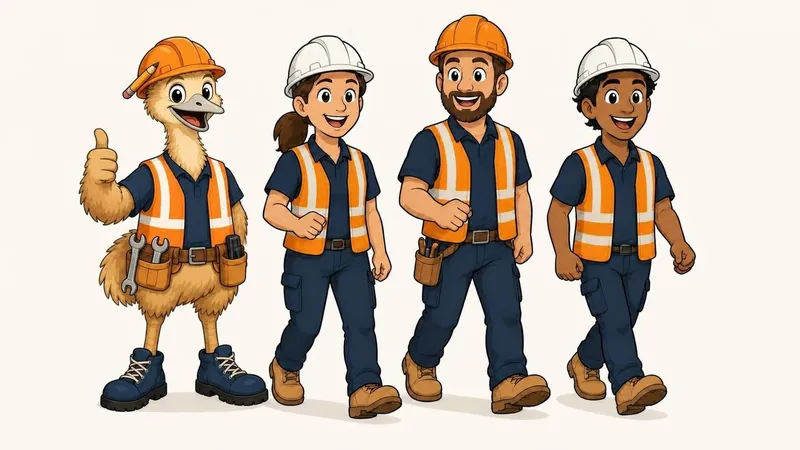 The ZimQi emu giving a thumbs-up as he walks to work with a smiling crew of three workers in hard hats and orange hi-vis vests.