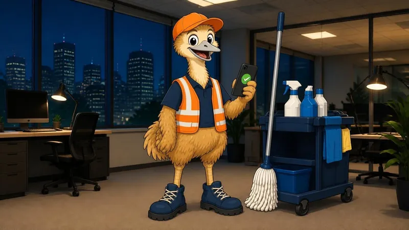 The ZimQi emu in an orange cap and hi-vis vest cleaning an office after hours, holding up a phone with a green tick next to a cleaning trolley and mop.