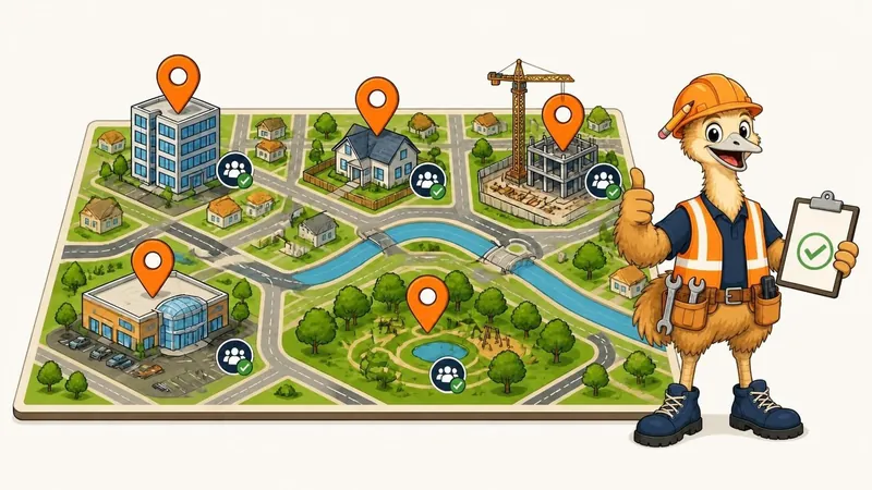 The ZimQi emu giving a thumbs-up beside a big illustrated town map with orange location pins on an office, a house, a shopping centre, a building site and a park, holding a clipboard with a green tick.